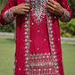 Rani Pink V-Neck Mirror Work Wedding Kurta Set For Men With Stole