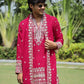 Rani Pink V-Neck Mirror Work Wedding Kurta Set For Men With Stole