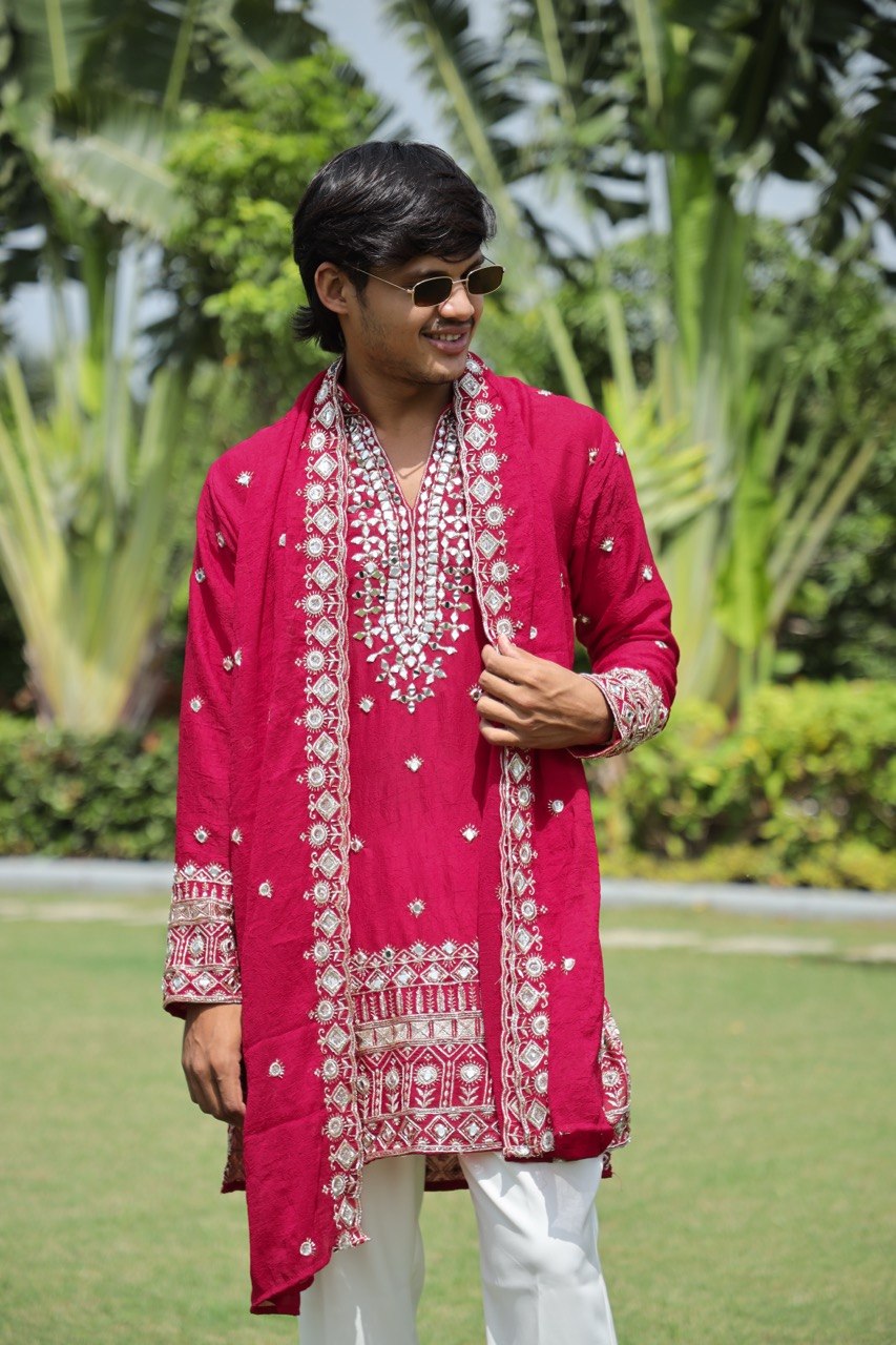 Rani Pink V-Neck Mirror Work Wedding Kurta Set For Men With Stole