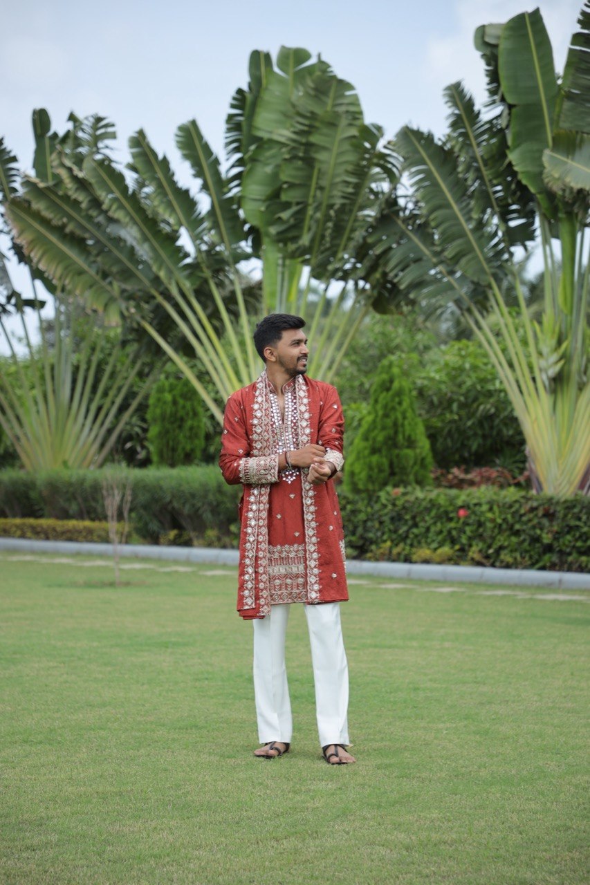 Rust V-Neck Mirror Work Wedding Kurta Set For Men With Stole