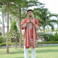 Rust V-Neck Mirror Work Wedding Kurta Set For Men With Stole