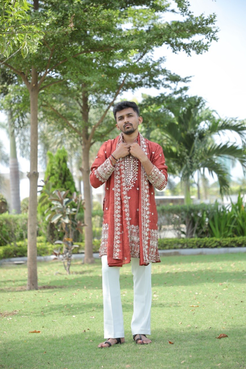 Rust V-Neck Mirror Work Wedding Kurta Set For Men With Stole