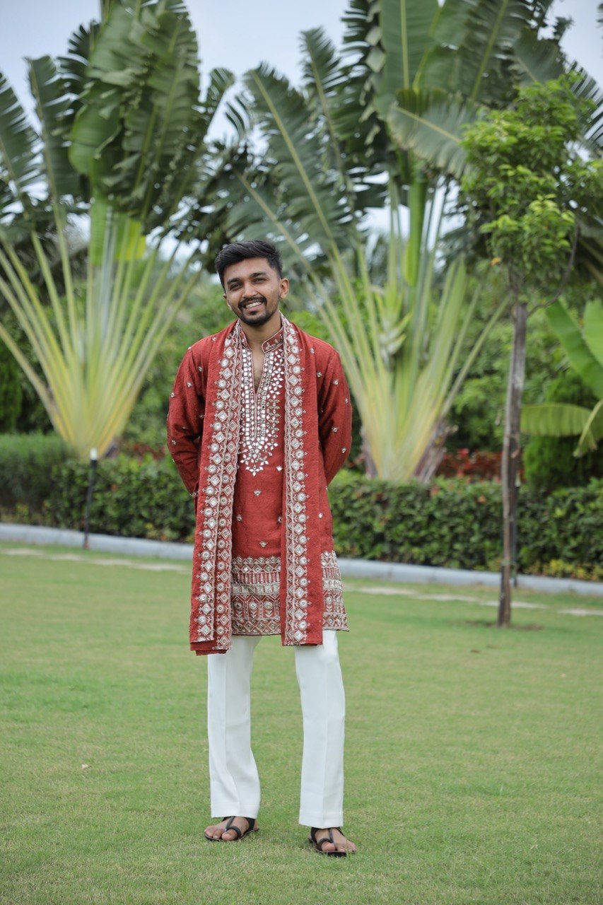 Rust V-Neck Mirror Work Wedding Kurta Set For Men With Stole