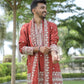 Rust V-Neck Mirror Work Wedding Kurta Set For Men With Stole