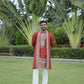 Rust V-Neck Mirror Work Wedding Kurta Set For Men With Stole