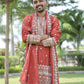 Rust V-Neck Mirror Work Wedding Kurta Set For Men With Stole