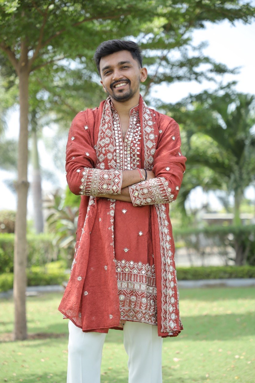 Rust V-Neck Mirror Work Wedding Kurta Set For Men With Stole