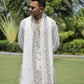 Off White V-Neck Mirror Work Wedding Kurta Set For Men With Stole