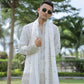 Off White V-Neck Mirror Work Wedding Kurta Set For Men With Stole