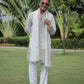 Off White V-Neck Mirror Work Wedding Kurta Set For Men With Stole