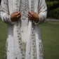Off White V-Neck Mirror Work Wedding Kurta Set For Men With Stole