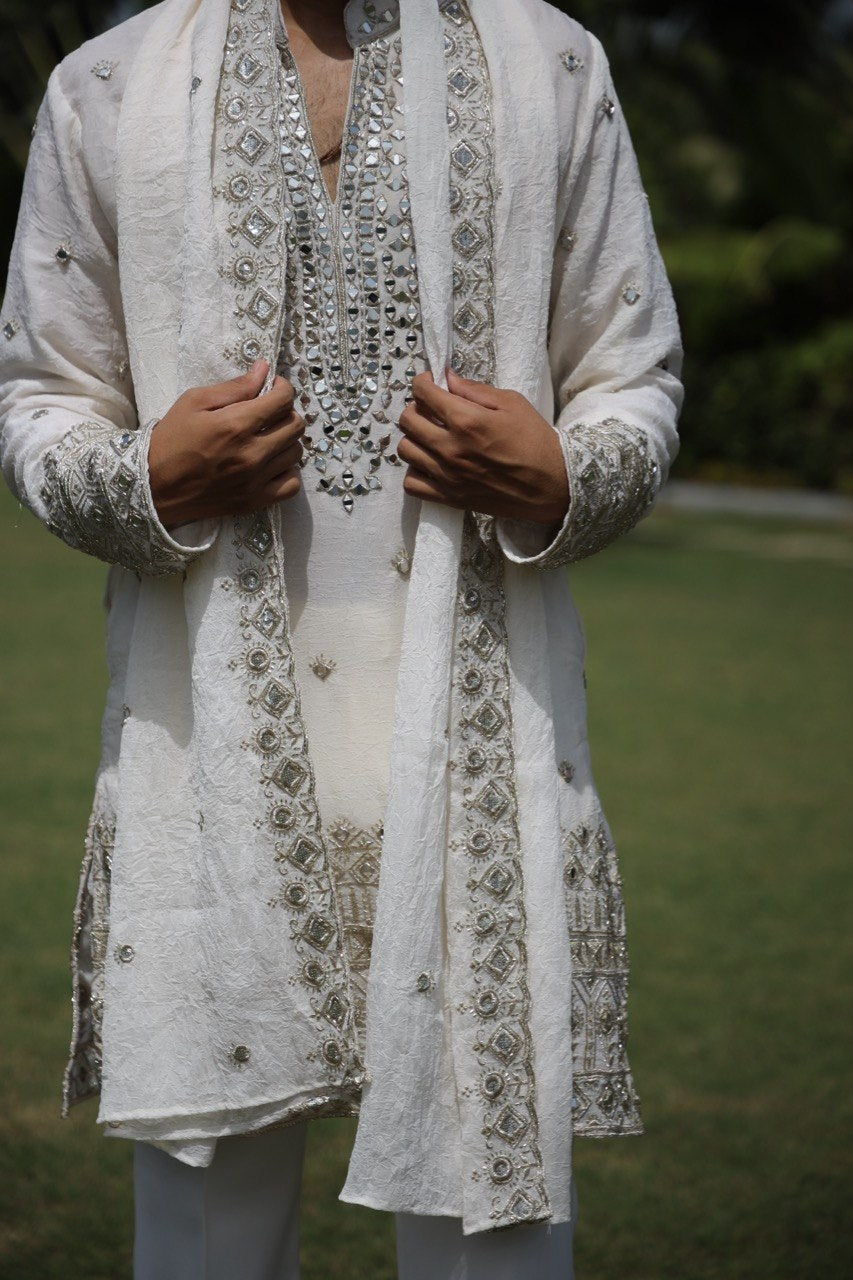 Off White V-Neck Mirror Work Wedding Kurta Set For Men With Stole