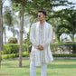 Off White V-Neck Mirror Work Wedding Kurta Set For Men With Stole