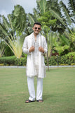 Off White V-Neck Mirror Work Wedding Kurta Set For Men With Stole