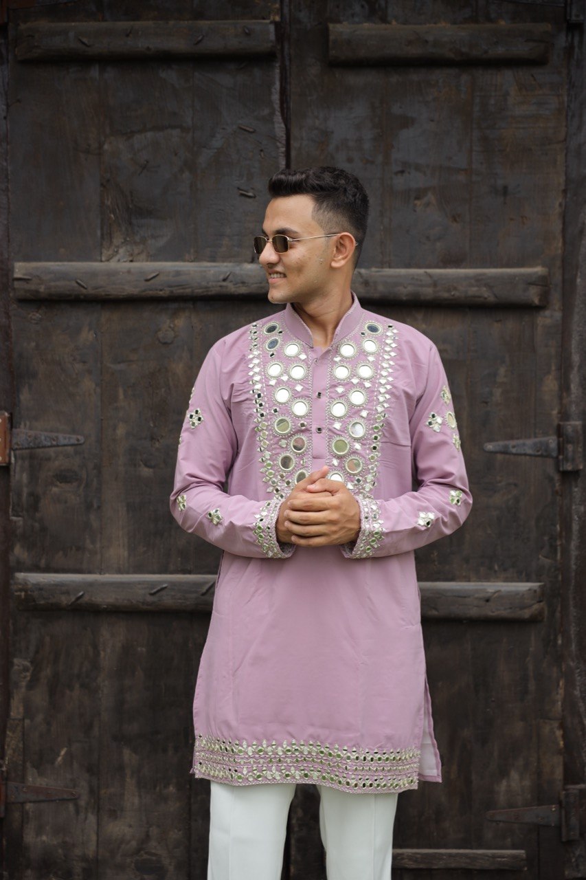 Aura Lavender Mirror-Work Short Kurta