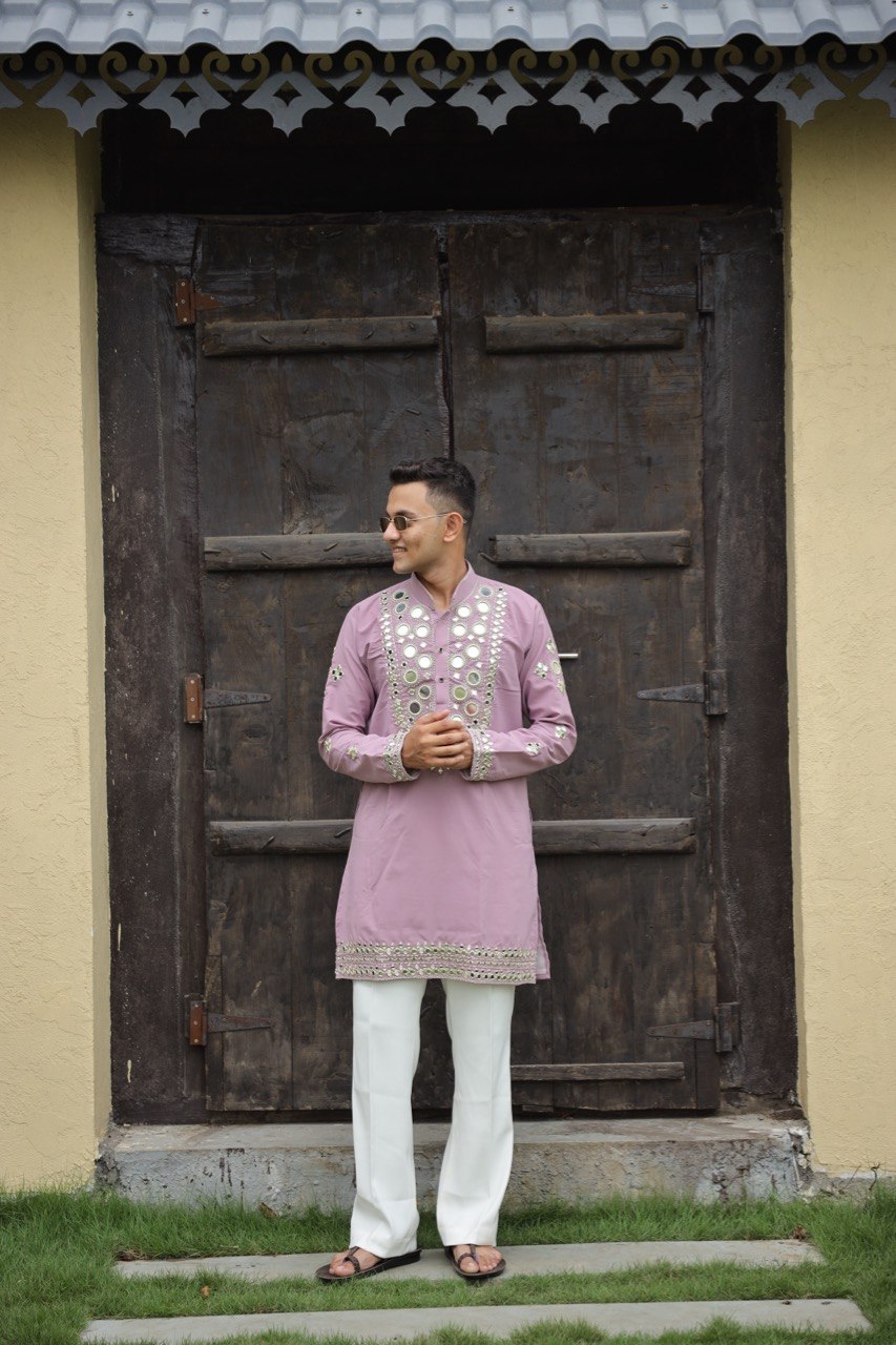 Aura Lavender Mirror-Work Short Kurta