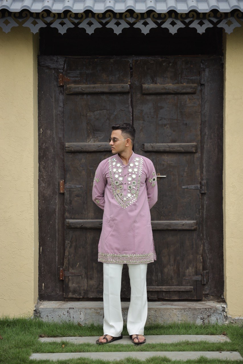 Aura Lavender Mirror-Work Short Kurta