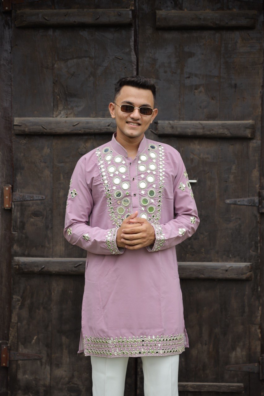 Aura Lavender Mirror-Work Short Kurta