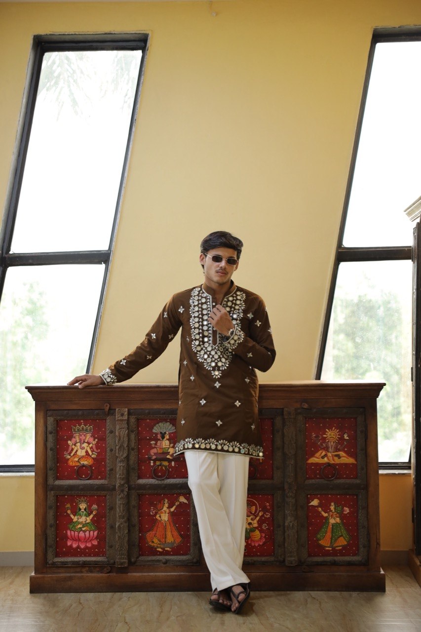 Regal Brown Lachka Mirror-Work Short Kurta