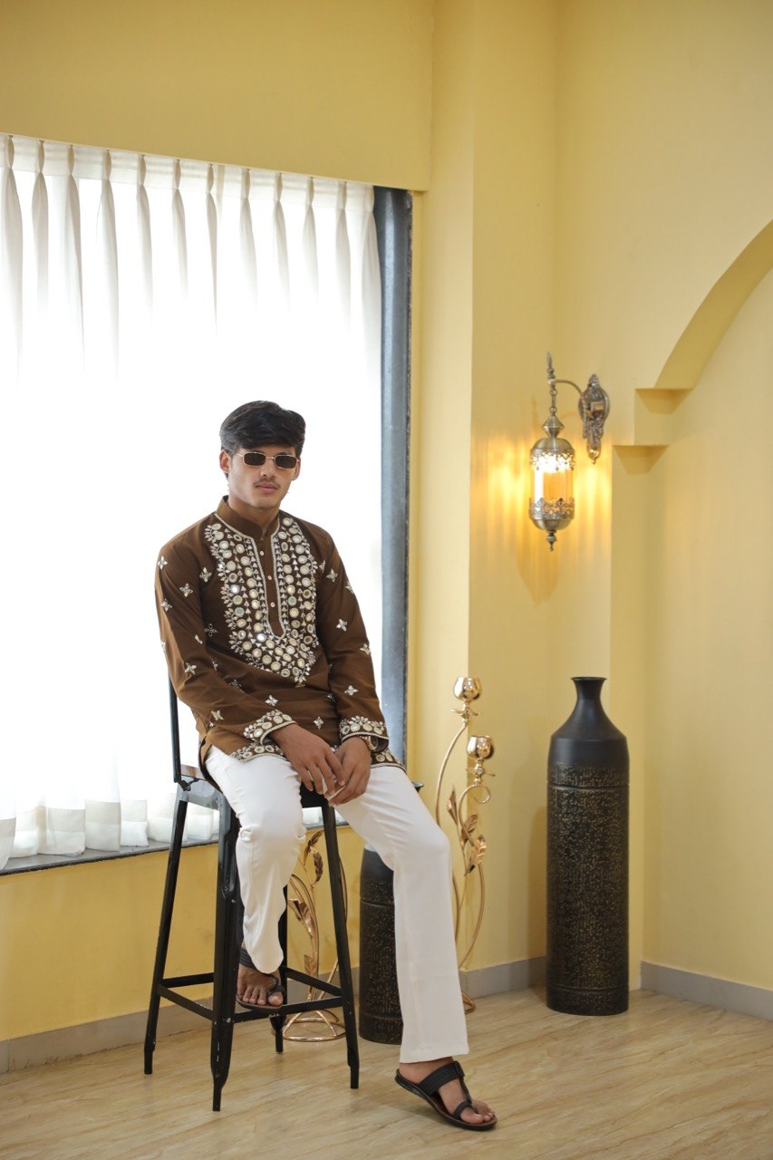 Regal Brown Lachka Mirror-Work Short Kurta