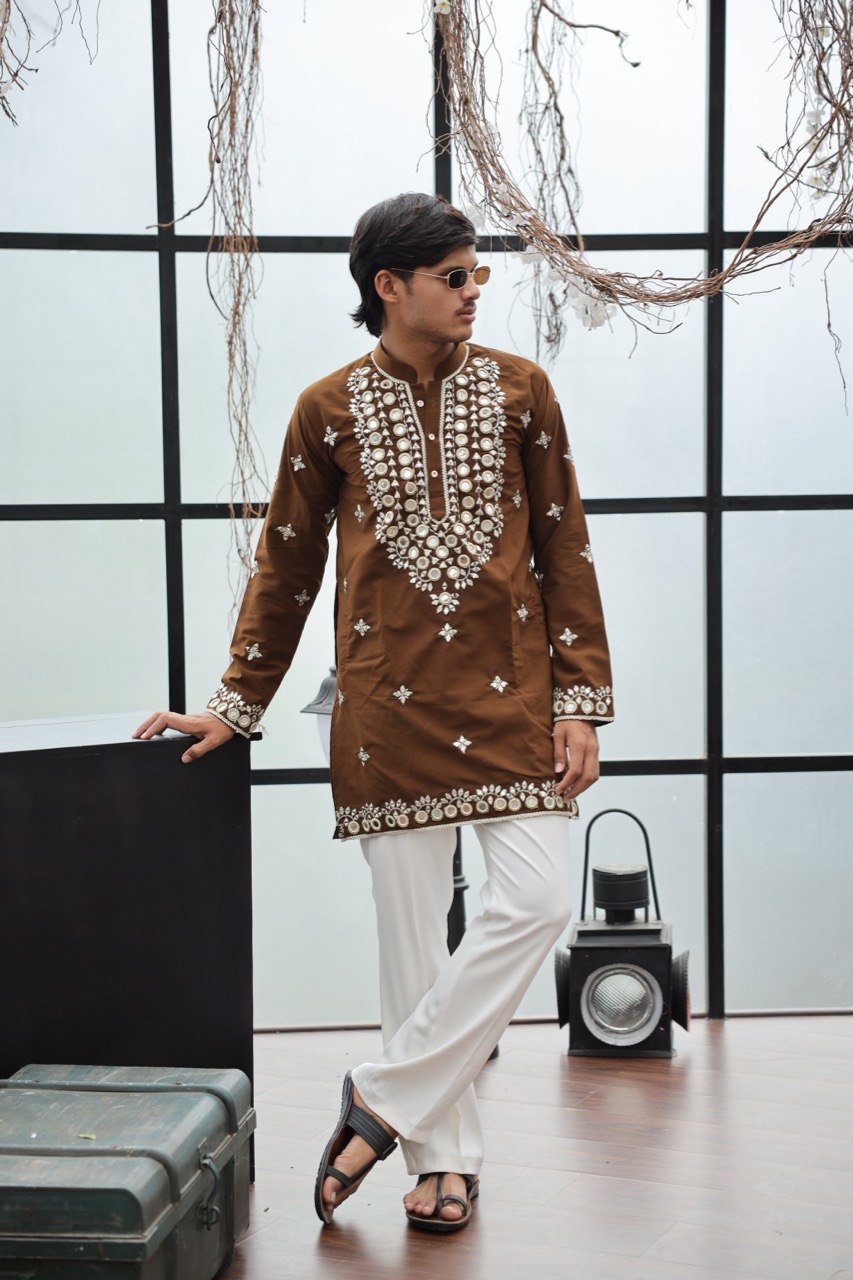 Regal Brown Lachka Mirror-Work Short Kurta
