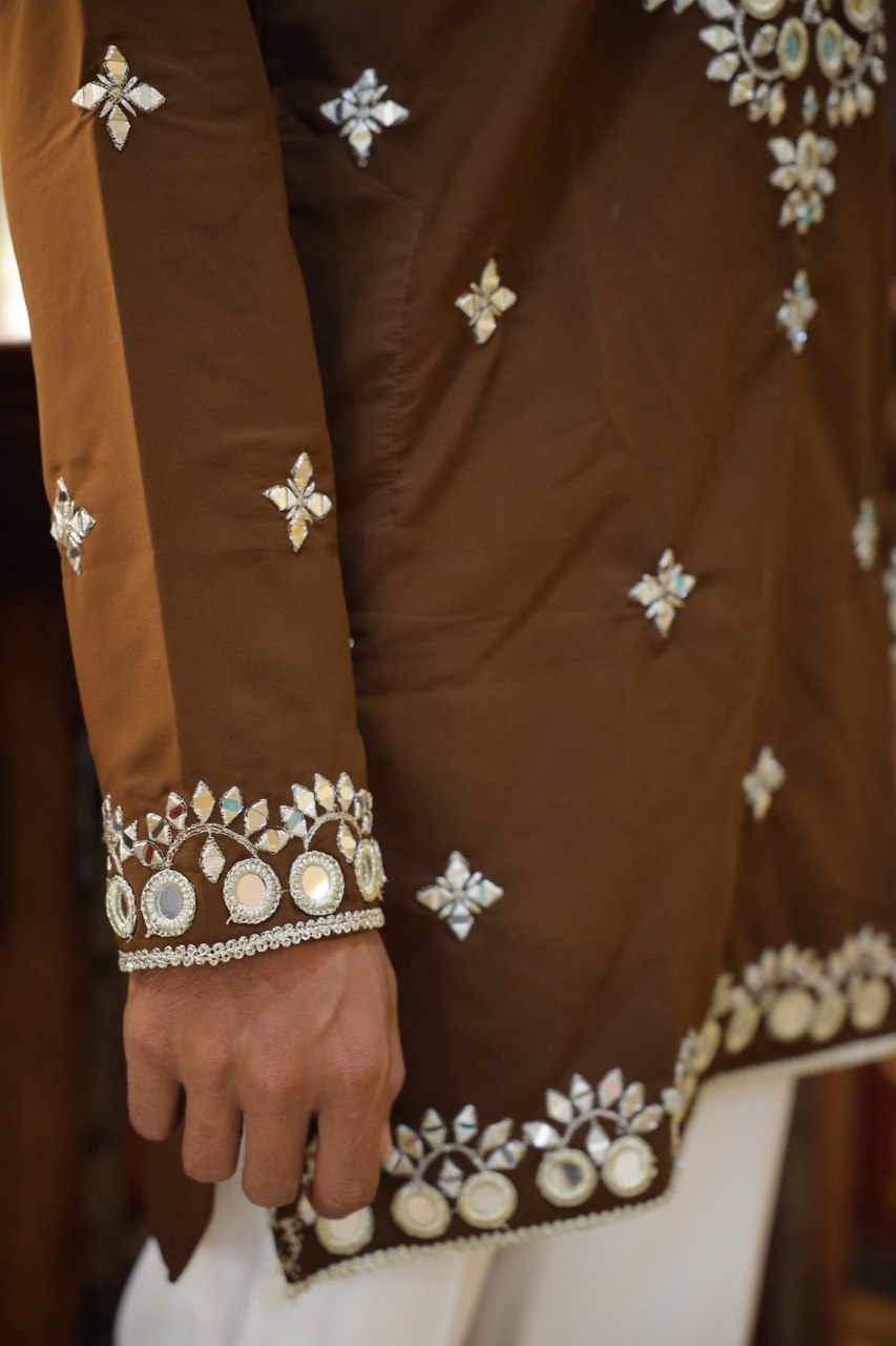 Regal Brown Lachka Mirror-Work Short Kurta