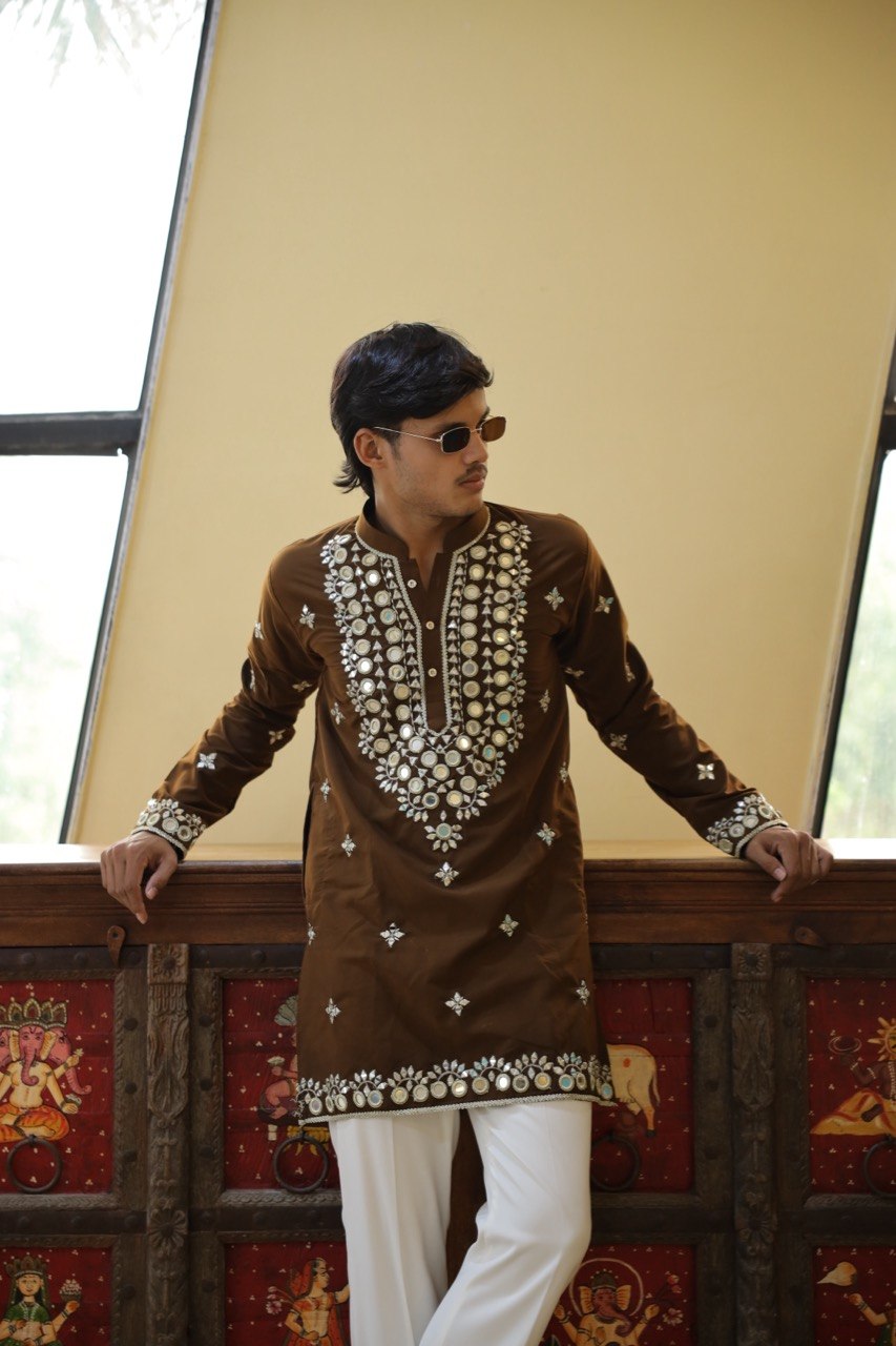 Regal Brown Lachka Mirror-Work Short Kurta