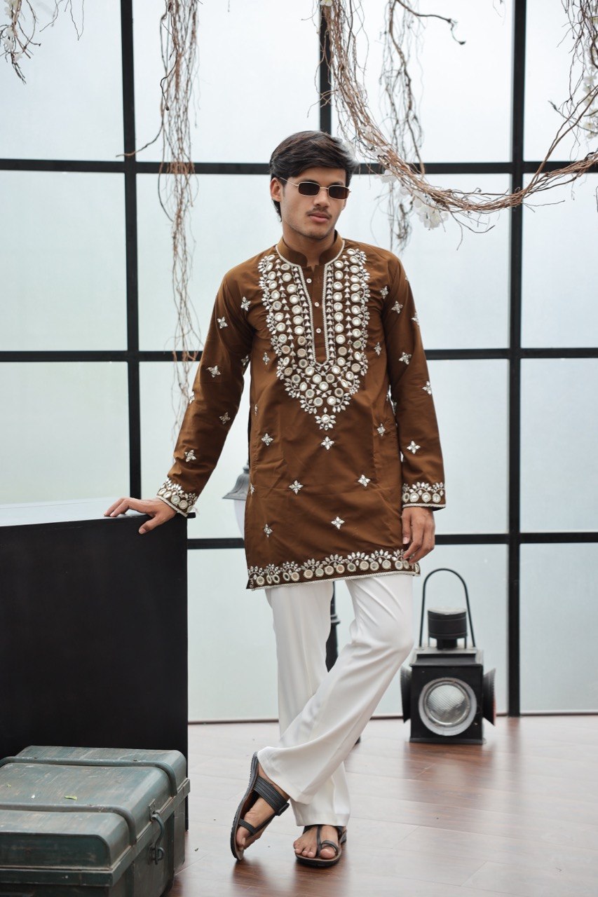 Regal Brown Lachka Mirror-Work Short Kurta