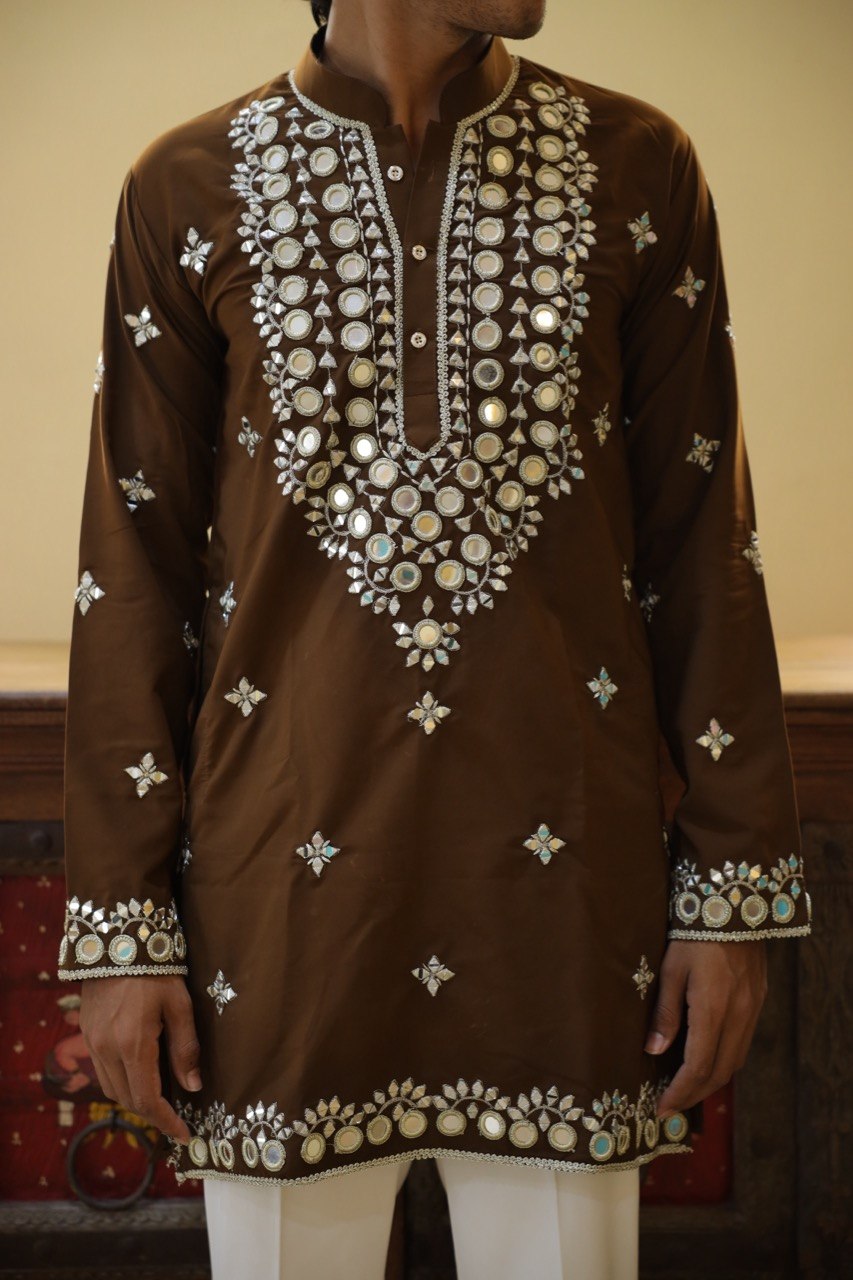 Regal Brown Lachka Mirror-Work Short Kurta
