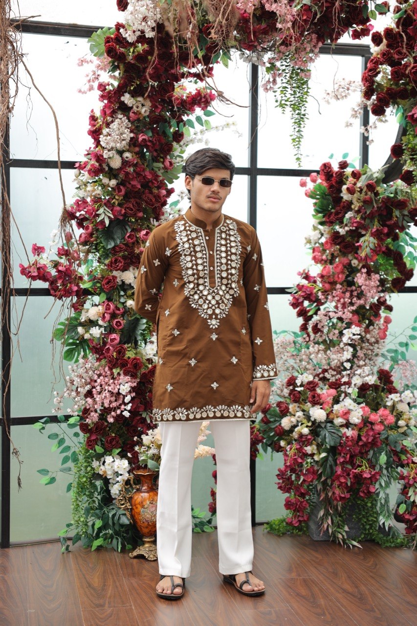 Regal Brown Lachka Mirror-Work Short Kurta
